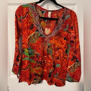 ANTHROPOLOGIE RAGA Boho Long Sleeve V Neck Multicolor Print Top